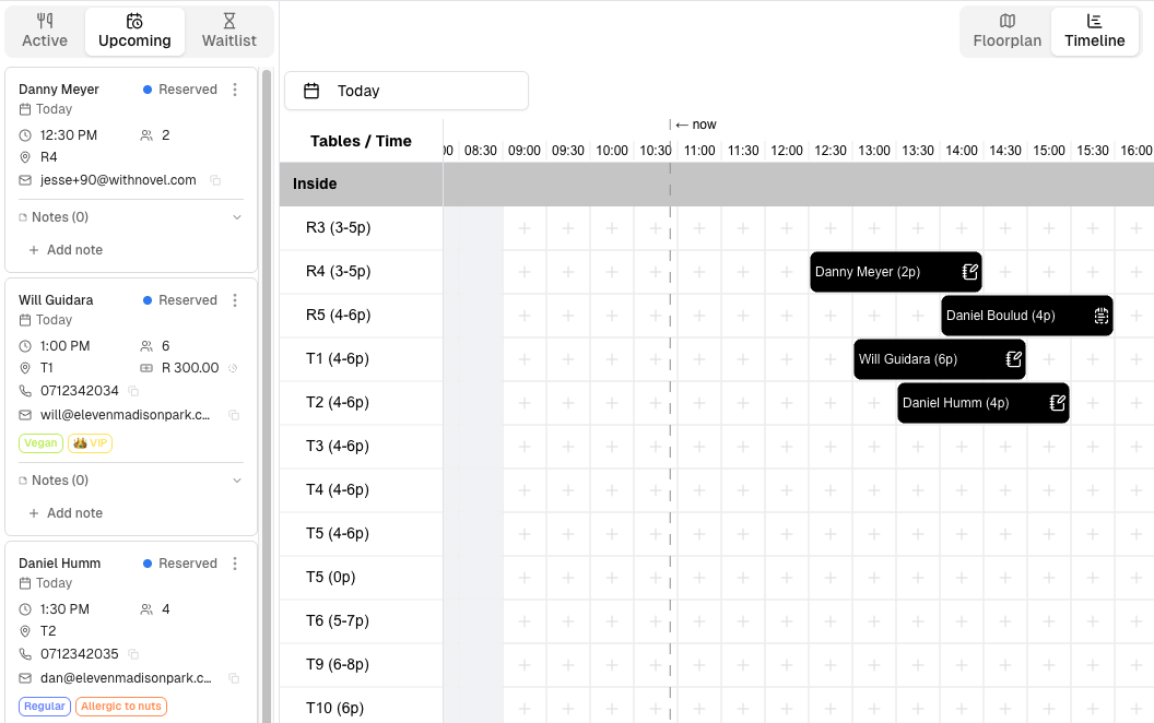 Restaurant reservation schedule showing upcoming reservations for Danny Meyer, Will Guidara, Daniel Boulud, and Daniel Humm with times, tables, and guest counts.