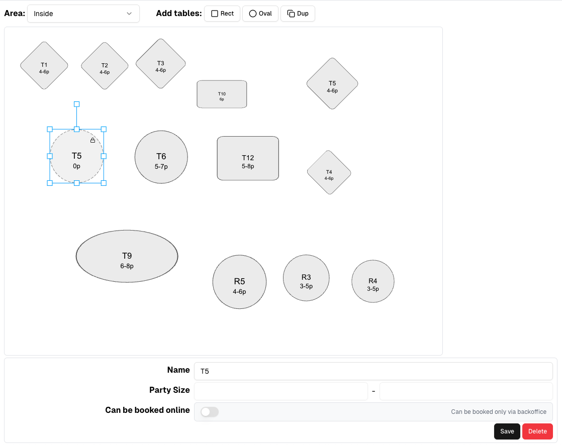 User interface for editing restaurant table layout inside area showing tables T1 to T12 and R3 to R5 with shapes and capacity, T5 selected with editable fields for name, party size range, and online booking toggle.